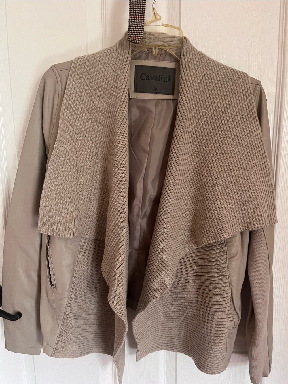 Casual warm office wear Cavalini Neutral Taupe Knit-Trim Draped Shawl Jacket